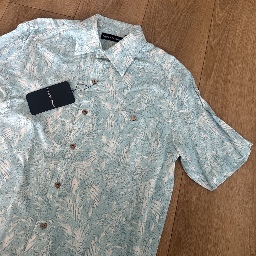 Preswick & Moore Printed Rayon Button Shirt Short Sleeve Tropical‎ Blue Medium